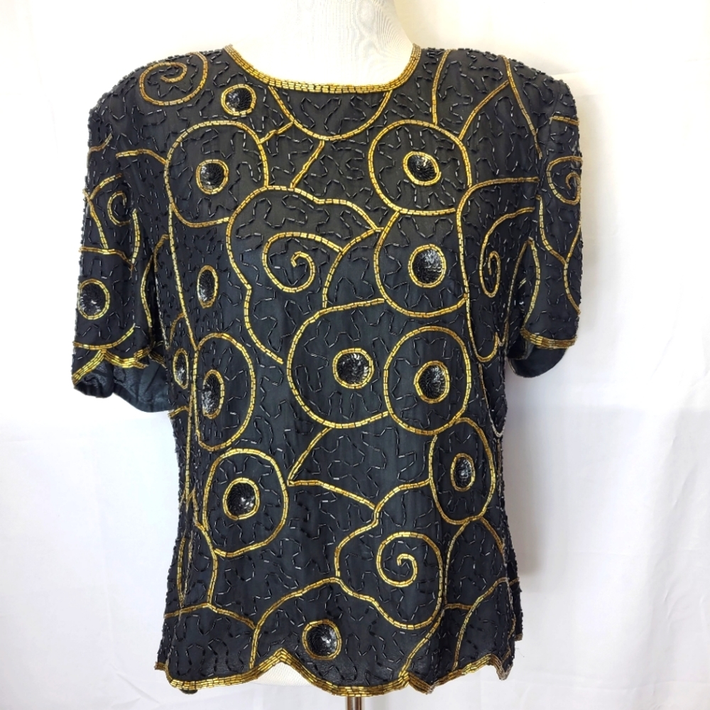 100% silk sequin Gunit Fashion lined cocktail party blouse heavy beaded